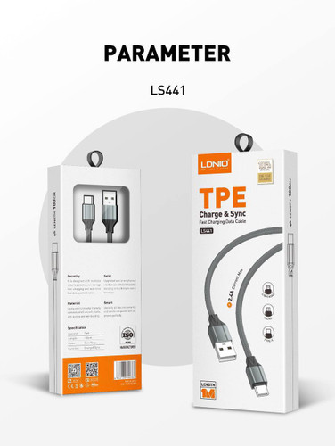کابل شارژ LDNIO LS441 با طول 1 متر، روکش TPE مقاوم، مناسب شارژ سریع و انتقال داده.
